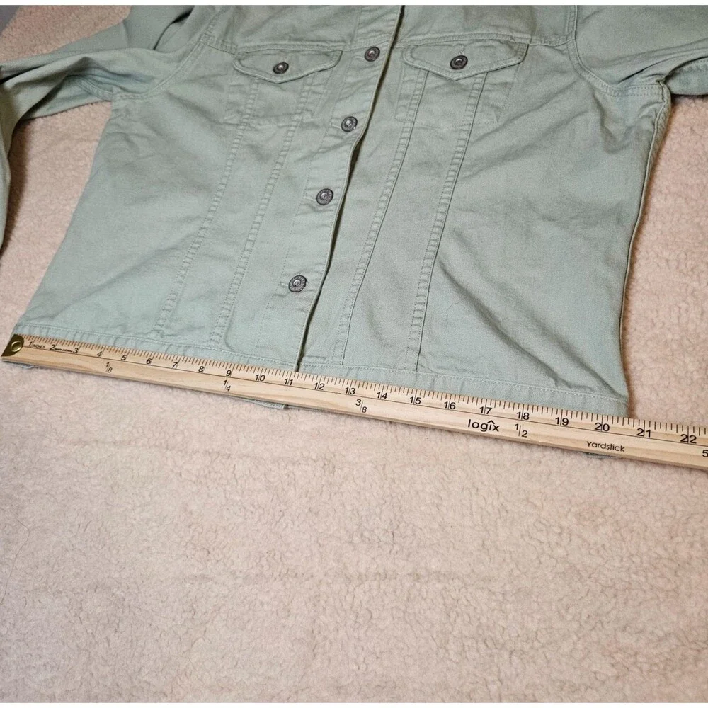 Eddie Bauer Womens L Light Green Denim Jacket Cotton Button Front Casual Trucker